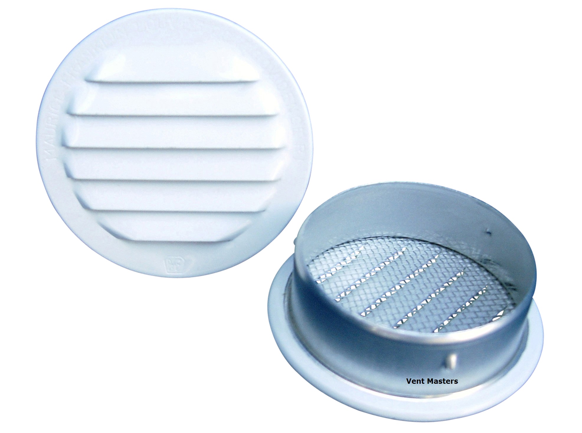 Image of 2 round white aluminum vents.